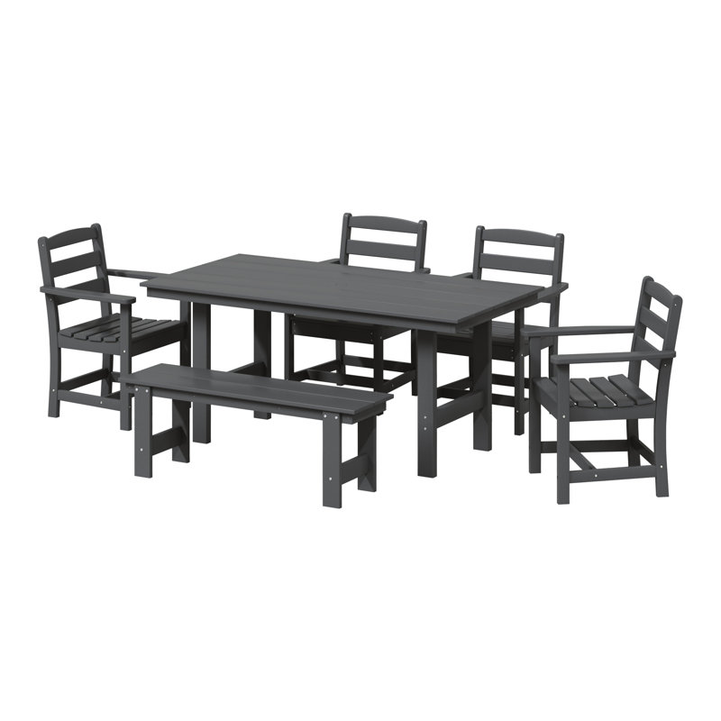 6-Piece Arm Chair Dining Set With Bench, Gray