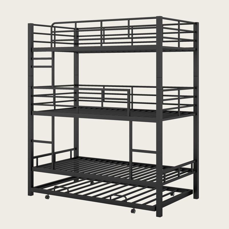 Metal Twin Triple Bunk Bed with Trundle, Heavy-Duty Steel Frame, Safety Guardrails & Dual Ladders, Space-Saving Modern Design