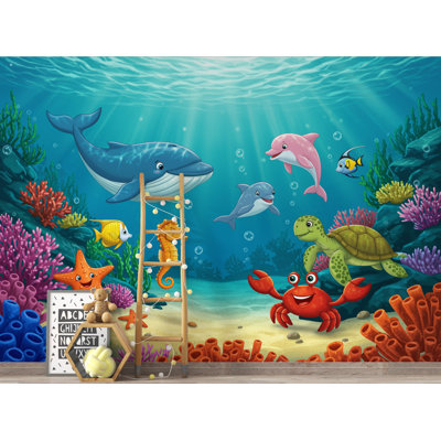 Murale de papier peint aquarelle sous l'eau | Dauphin, poisson et tortue de mer, art mural | Papier peint Océan chambre de bébé | Chambre d'enfant | Murale de chambre de bébé 396DRE