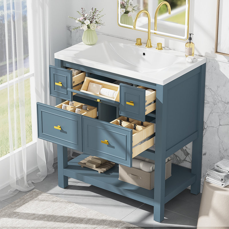 Ensemble de meuble-lavabo simple 30,01 po avec plateau en bois massif Maléke, Bleu