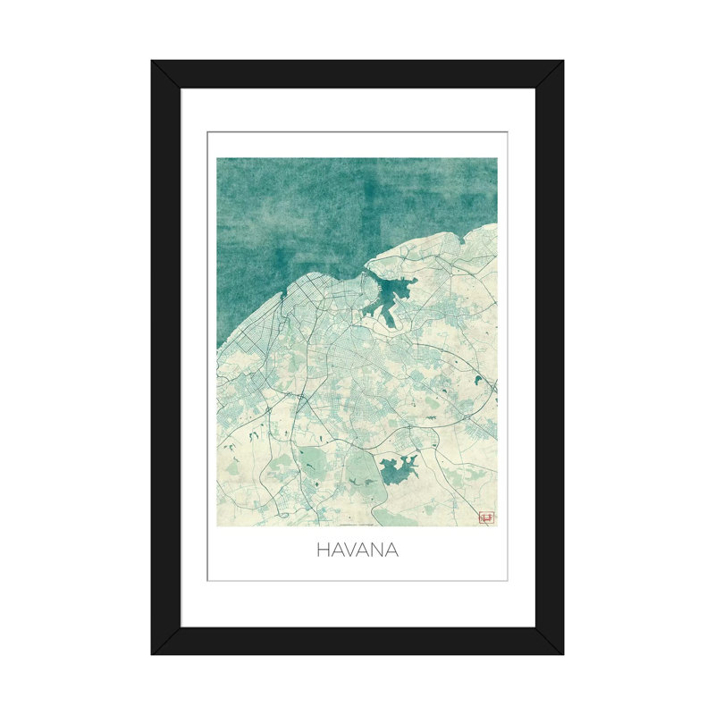 « havane urban blue blueprint map », reproduction d’impression sur toile, H 24 po x l 16 po x P 1 po, Papier avec cadre noir