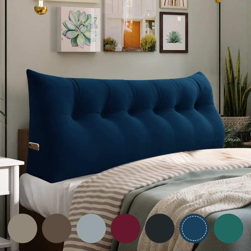 Sit-up Back Comfort 100% Cotton Velvet Wedge Headboard Reading Pillow with Removable & Washable Cover Compression, Blue