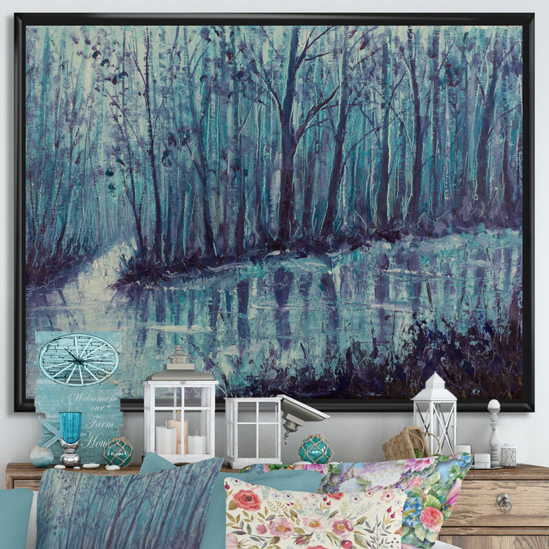 «River Creek in Mystical Forest», reproduction d'art sur toile, H 24 po x l 32 po x P 1 po, Toile avec cadre noir
