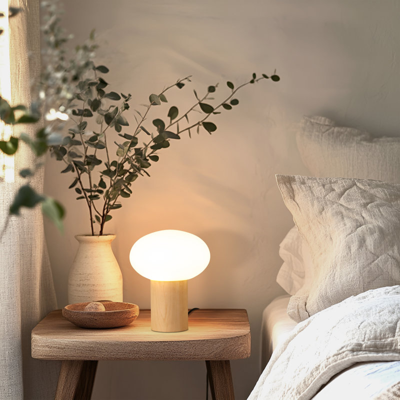 Ivy Wood 9.5" Modern LED Table Lamp with Oval Frosted Glass Shade and Phone Charging USB-C Port, Beige, Wood