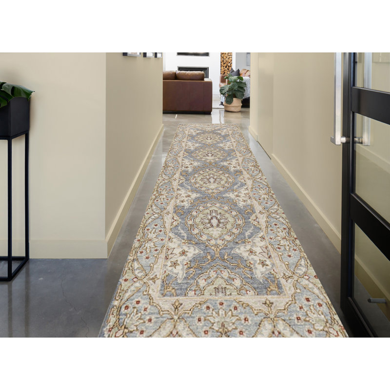 Tapis de couloir ivoire / bleu clair noué à la main Ziegler 3000