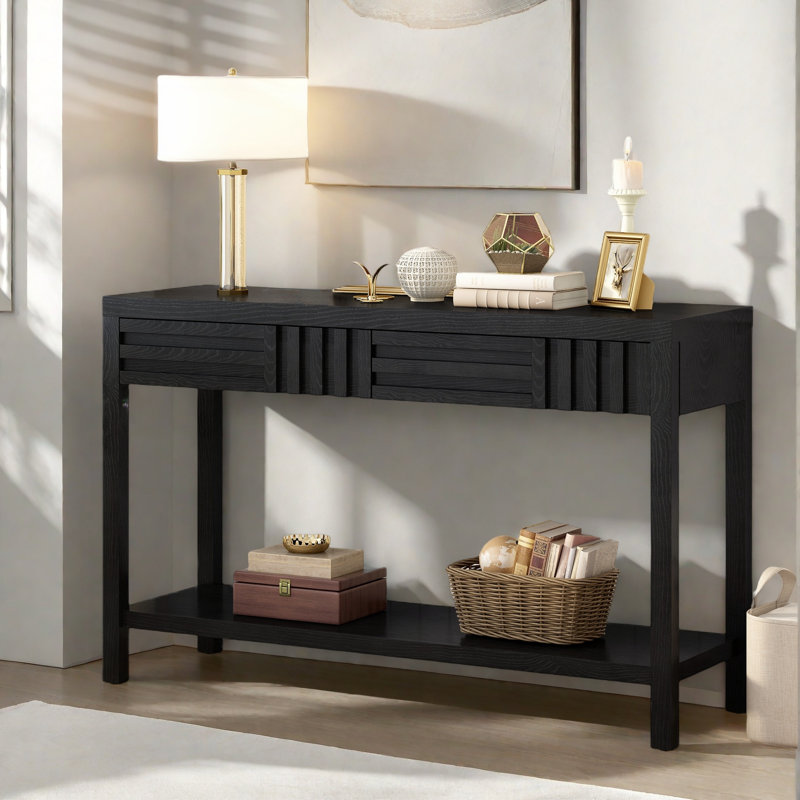 Modern Console Table With Striped Design, 2 Drawers And 2-tier Design, Black