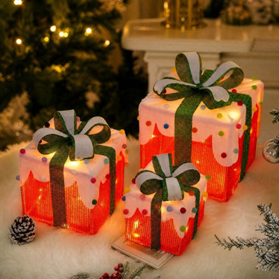 3 Piece Foldable Light Up Christmas Gift Boxes with Remote and 8 Lighting Modes Battery Operated LED Holiday Decor Set Christmas Decor Gifts