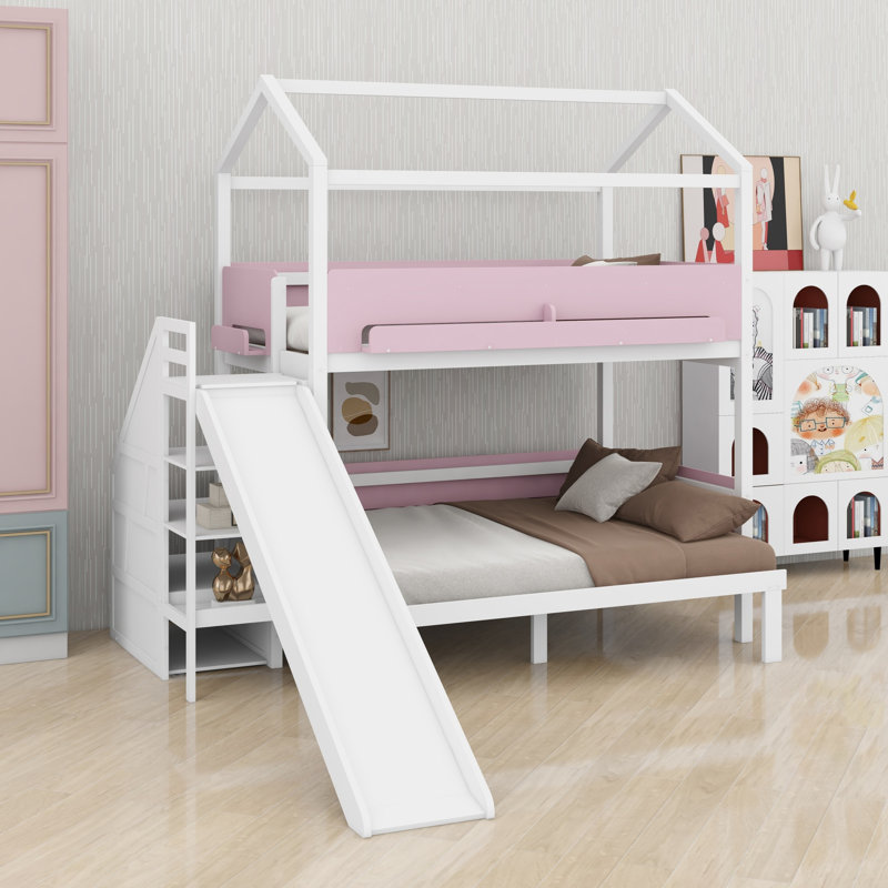 Bunk Bed, House-Shaped with Slide and Storage Staircase, Sturdy Frame, White+Pink