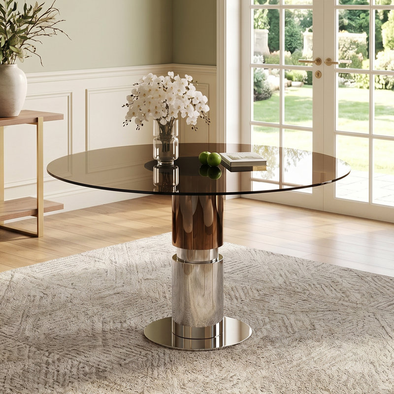 Table de salle à manger ronde en verre trempé de 35 po, pieds en acier inoxydable, pouvant accueillir 2 à 4 personnes, petite table ronde brune foncé pour les restaurants et les appartements