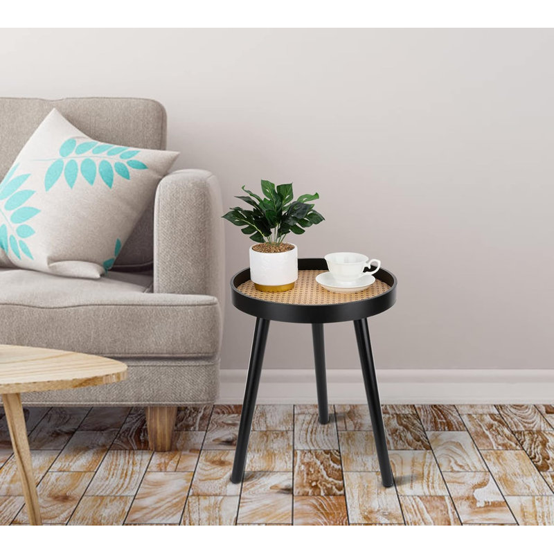 Table d'appoint ronde en rotin, petite table d'appoint noire, tables de bout de style Mid-Century moderne pour le salon, la chambre, le bureau, le balcon et le balcon