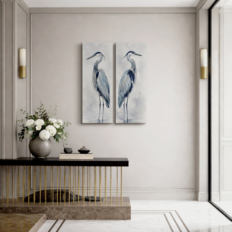 Blue Grey Heron Bird Pair – Set of 2 Framed Wall Art Print on Canvas 32"x12"x2, H 32 po x l 12 po, Toile tendue avec châssis