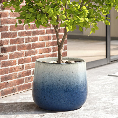 11.6" Dia Glazed Blue Round Ceramic Planter Pot with Drainage