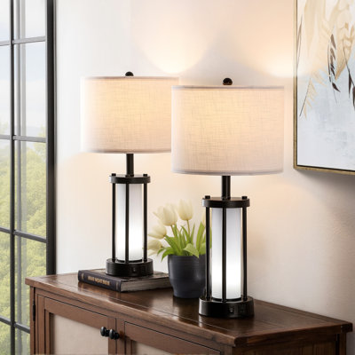 25" Black Metal Table Lamp Set with USB Type-C Ports and Built-in Outlet