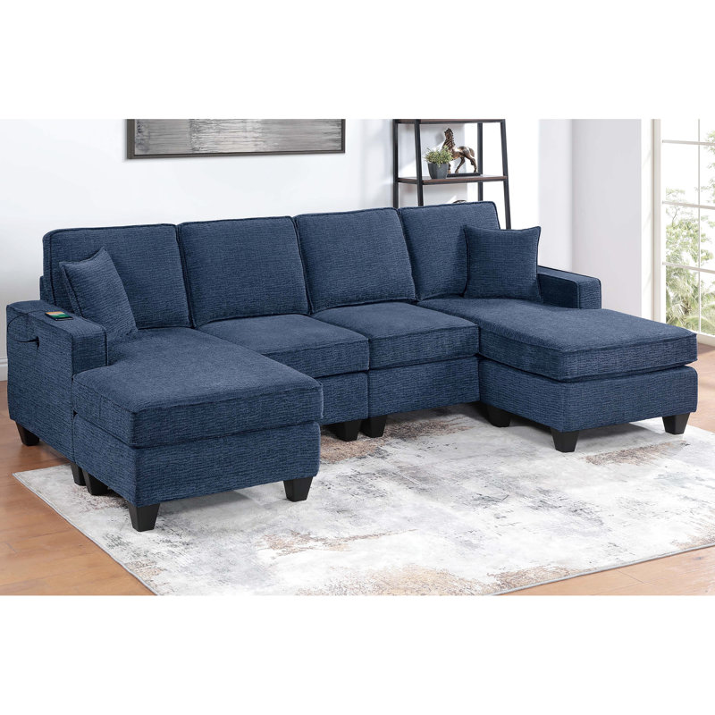 Canapé d'angle bleu foncé 3 places en chenille avec méridiennes à droite et à gauche, sans accoudoirs, idéal pour un confort optimal dans votre salon.