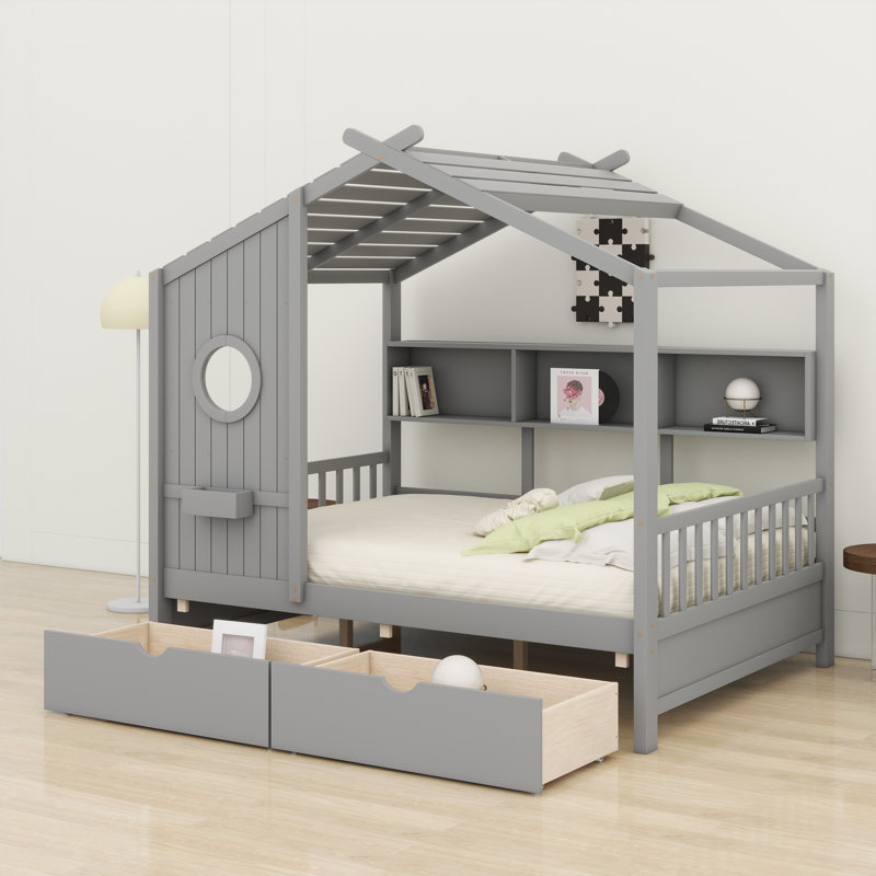Lit maison en bois, Lit double, Gris