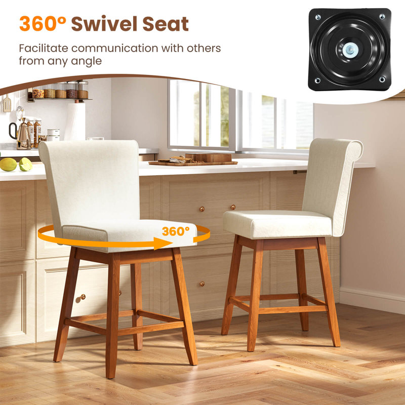 27" Swivel Bar Stools With Rubber Wood Legs Upholstered Linen Bar Chairs, Beige Seat/Brown Frame, 4