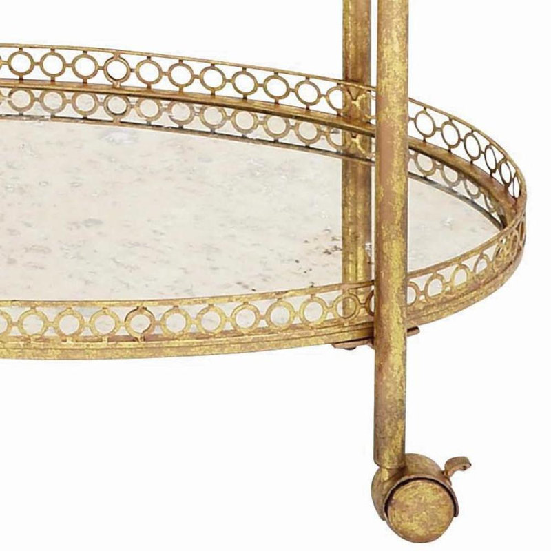 Brass Metal Rolling 2 Mirrored Shelves Bar Cart with Vintage Inspired Details, 30" x 16" x 34", Polished Gold