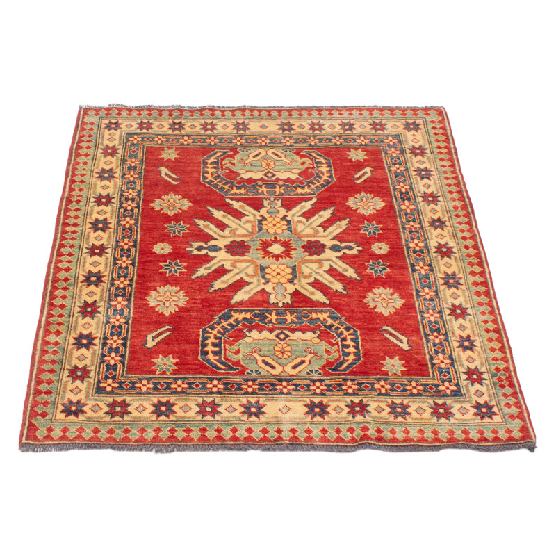 Tapis unique en laine noué à la main 4 pi 1 po x 5 pi 2 po nouvel âge Airin - rouge / beige / bleu