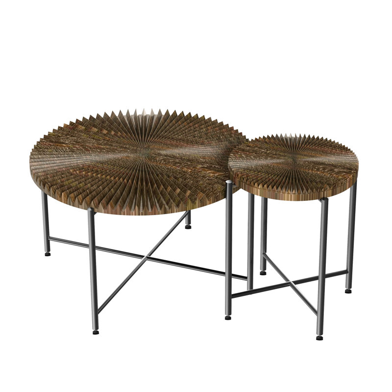Radial Pattern Table - Dark Walnut Color, Waterproof With Cover, Cylindrical Design, Black Metal Legs, For Modern Style Coffee And End Walnut, Distressed Cylindrical, Cozy Living Spaces
