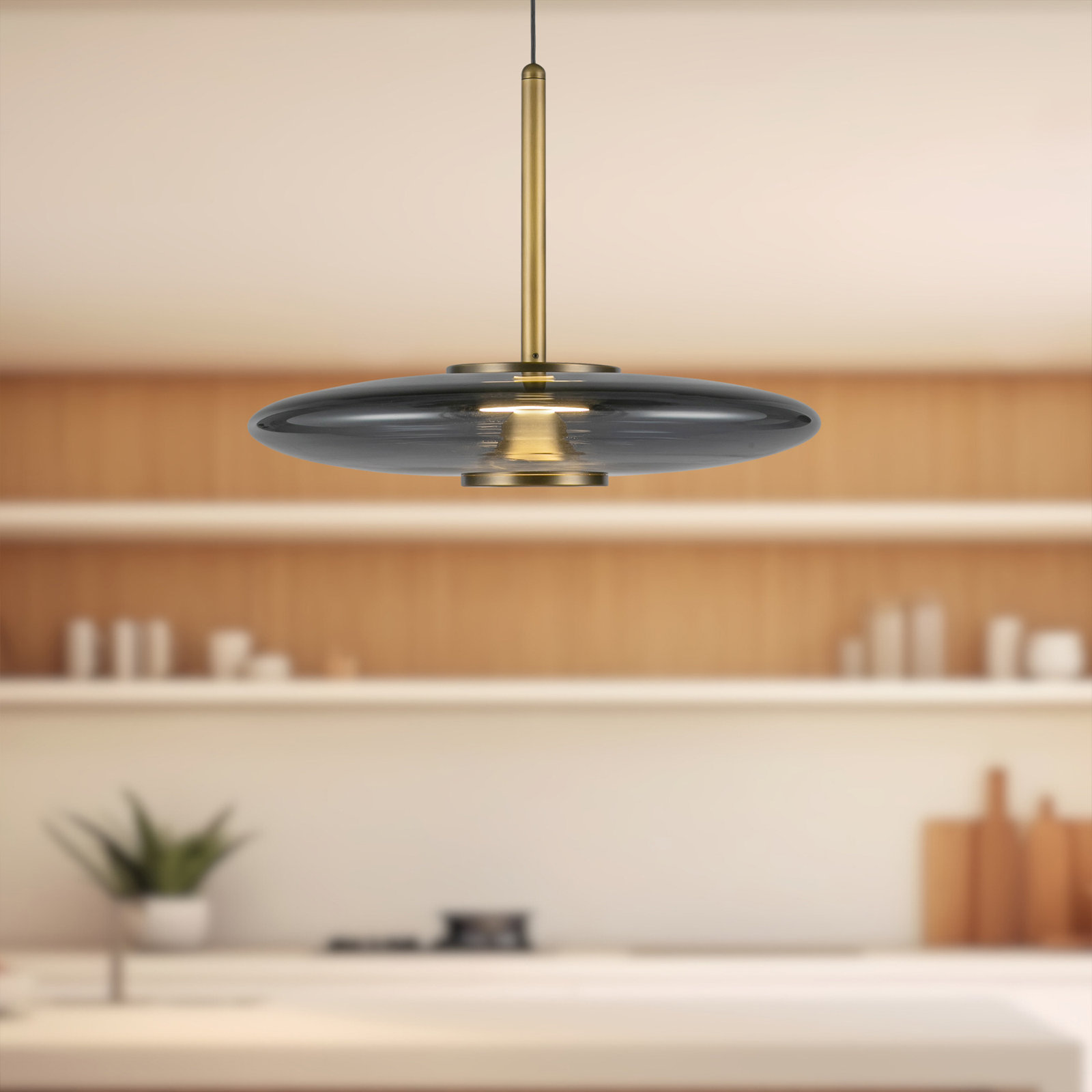 Harden Dimmable LED Single Light Pendant, Smoked, Vintage Brass