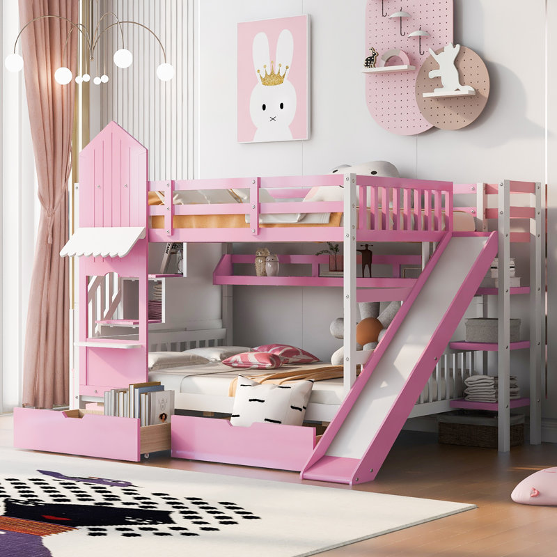 Full-Over-Full Castle Style Bunk Bed With 2 Drawers 3 Shelves And Slide - Pink, Full Over Full, Pink
