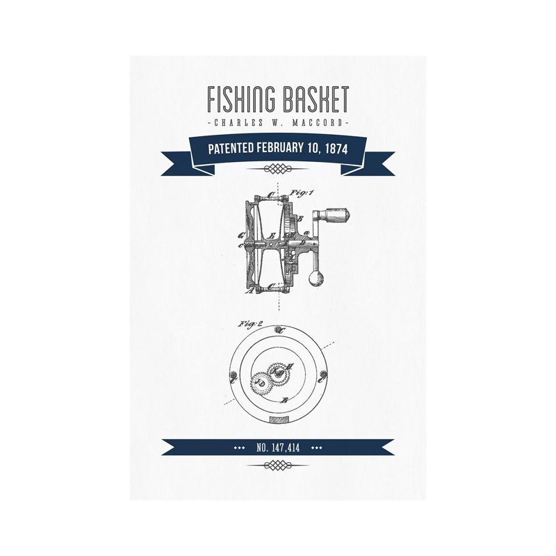 Charles W. MacCord Fishing Reel Patent Sketch Retro (Navy Blue) by Aged Pixel - Wrapped Canvas Gallery-Wrapped Canvas Giclée