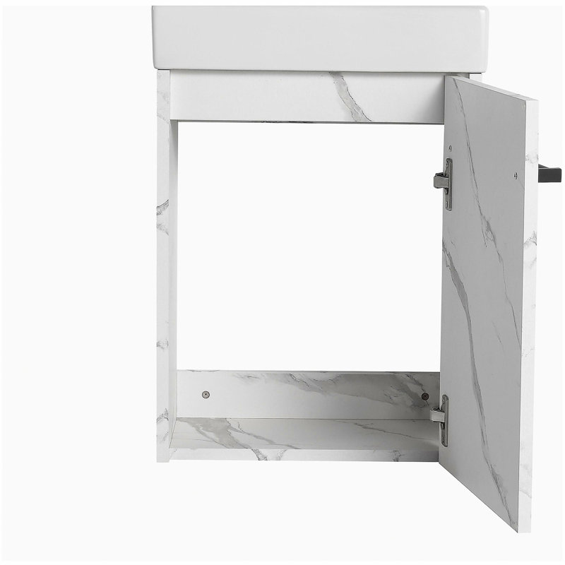 Armoire de salle de bain murale flottante de 16 pouces avec lavabo en céramique et porte à fermeture en douceur, adaptée aux petites salles de bain