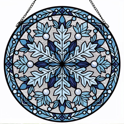 Snowflake Design Stained Glass Window Panel，7.8H