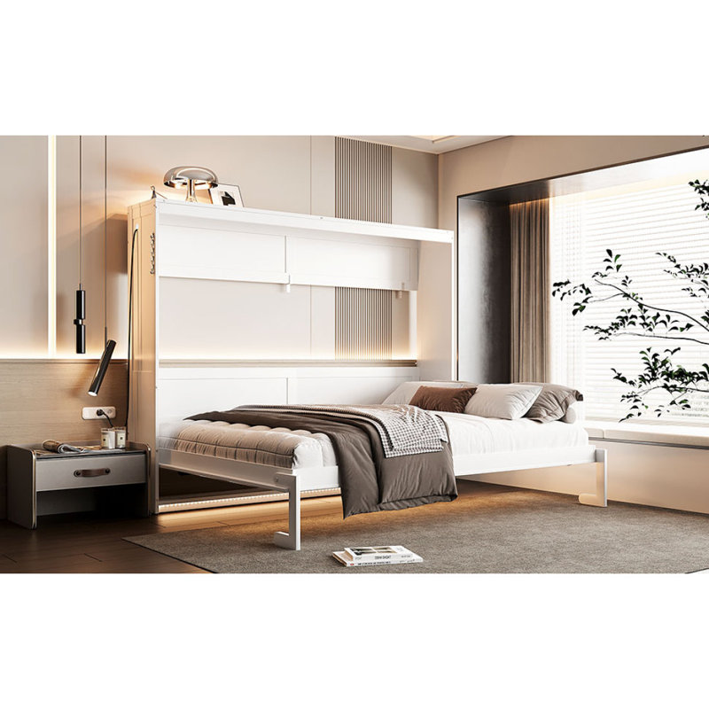 Grand lit escamotable pliant sur le côté pour grand lit avec motif imprimé tendance, éclairage à DEL sous le lit et prise USB intégrée - Design peu encombrant - blanc