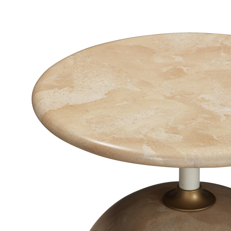 Beige Faux Marble and Gold Metal Round End Table