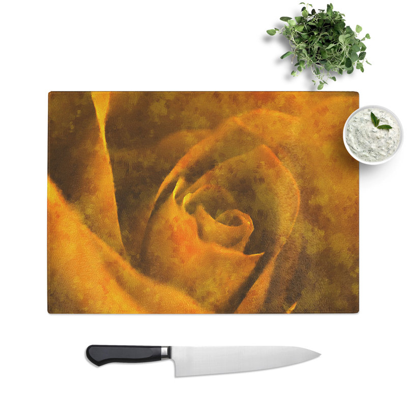 Tempered Glass Golden Rose Flower Chopping Board, 28.5 cm x 39 cm