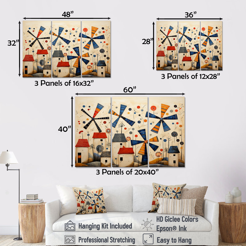 Folk Art Wind Turbines Village IV - Wind Turbines Wall Art, Toile tendue, H 28 po x l 36 po