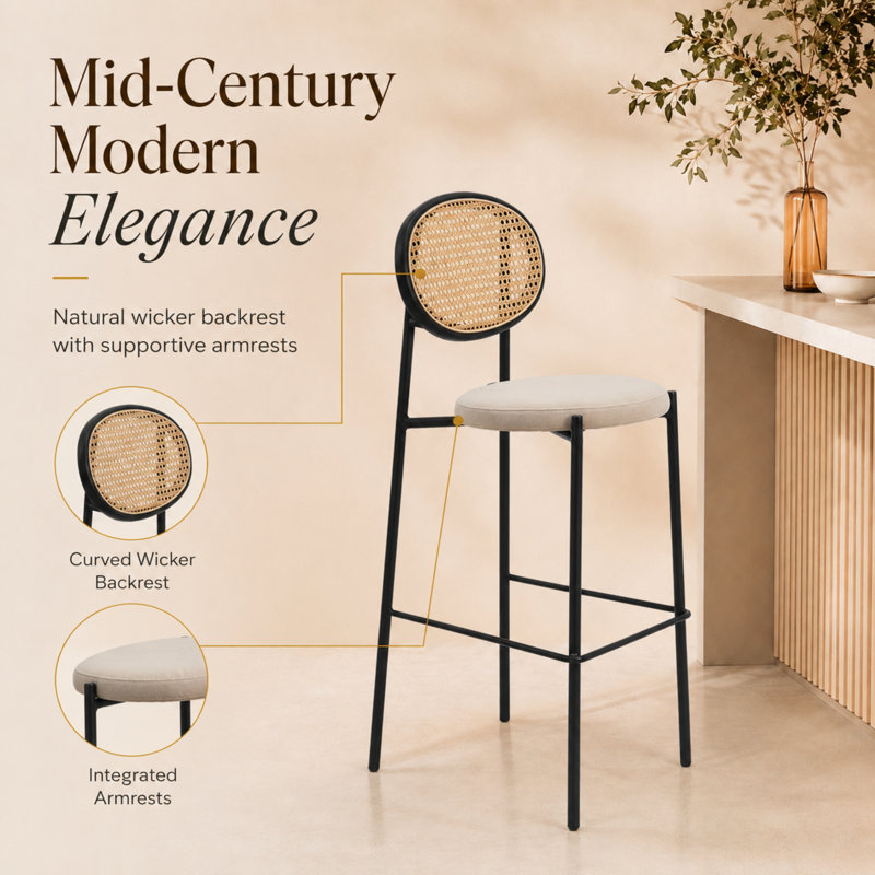 Euston Modern Bar Stool, Upholstered Fabric High Back Kitchen Island Counter Chair, Heavy Duty Steel Frame Pub Seating with Footrest