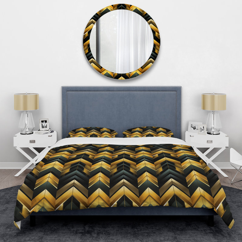Ensemble de housse de couette à motif de chevrons noir et doré Glamour, Housse de couette pour grand lit et 2 taies décor