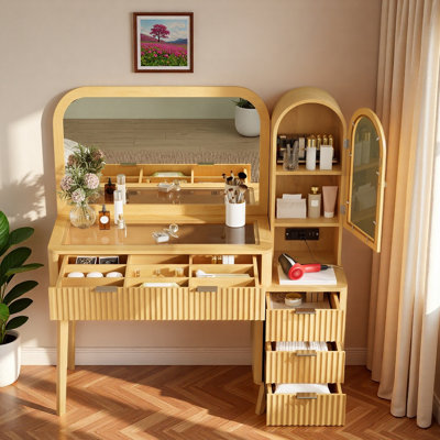 Fluted Makeup Vanity Desk With Large Mirror, 4 Drawers, Storage Cabinet, Charging Station And Glass Display Top