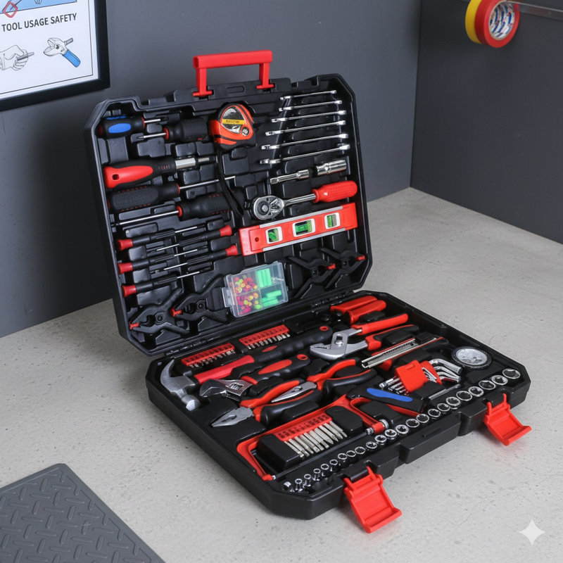 Mallette de transport portable noire contenant un assortiment de 238 pièces d'outils à main