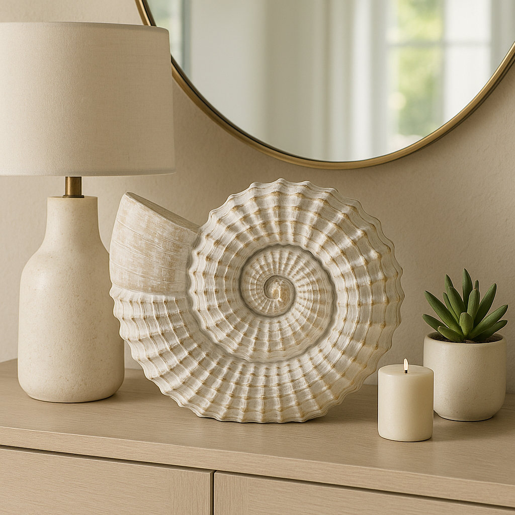 Ceramic Shell Figurine - Elegant Home Decor Accent Piece - 7" x 3" x 7", 11" H x 12" W x 4" D