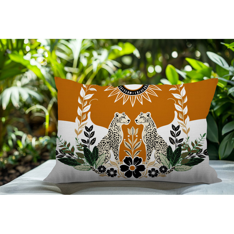 Oreiller rectangulaire réversible intérieur / extérieur Spoke Leopard, Orange, Rectangle H 14 po x l 20 po