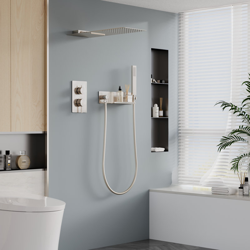 Rainfall Shower System With Hand Shower And Concealed Pressure Balance Valve, Brushed Nickel