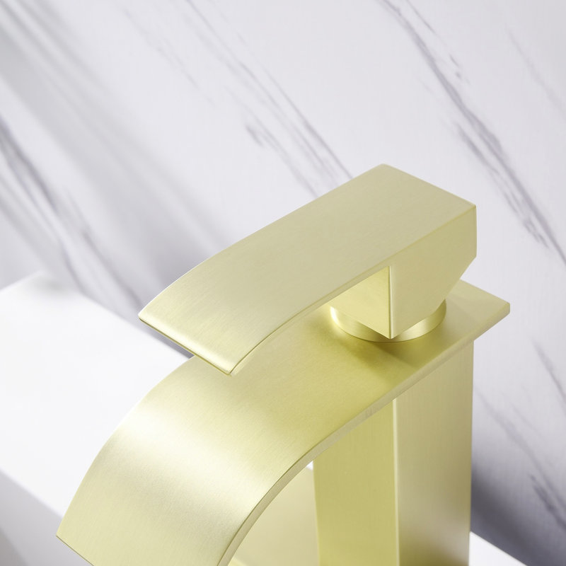 Robinet de salle de bain moderne en or brossé, bec cascade et acier inoxydable à poignée simple pour douche de lavabo