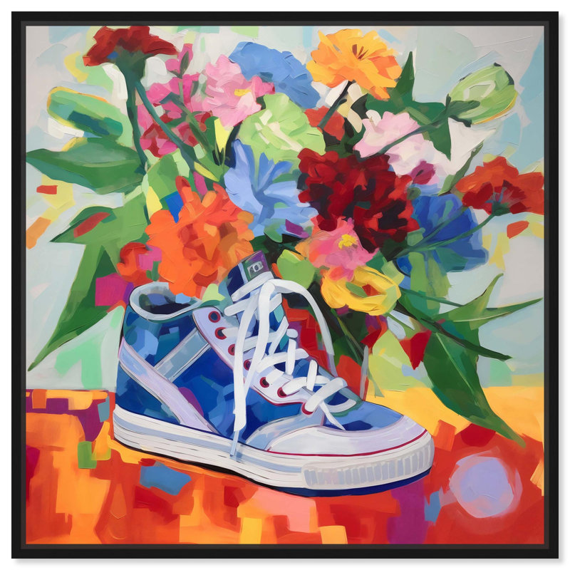 Art mural coloré sur toile Sneaker Bouquet , H 25 po x l 25 po, Cadre flottant noir