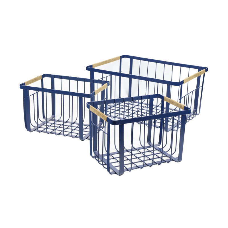 Henley Vintage Farmhouse Handmade Wire Metal Nesting Storage Baskets with Jute Wrapped Handles (Set of 3), Navy