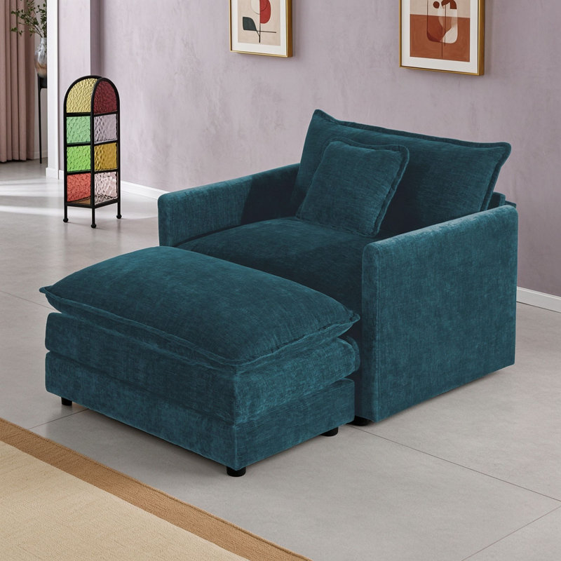 Accent Chair with Ottoman and Cushion, Bleu