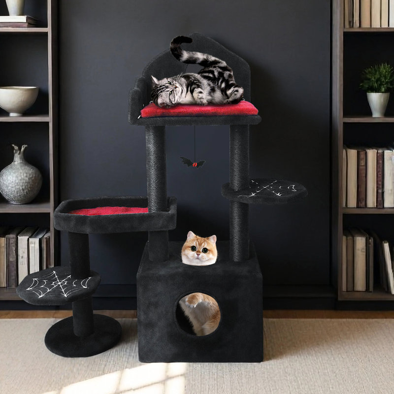 Arbre à chat de style noir avec forme de maison, espace de repos confortable et meubles à griffes renforcés avec coussin moelleux