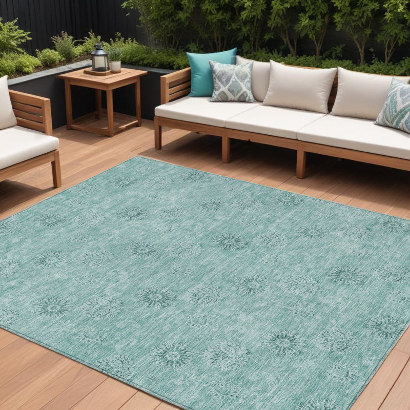 Tapis extérieur lavable floral bleu sarcelle et ivoire 10 pi x 14 pi