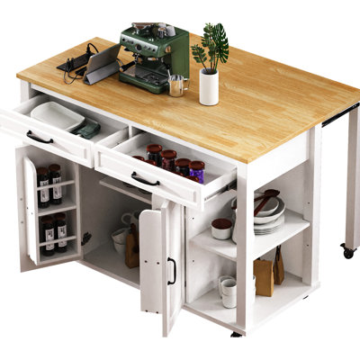 Extendable Kitchen Island With 47.2 X 19.7 Countertop, Rubber Wood Top, Storage Drawers, Vintage - Style Panel