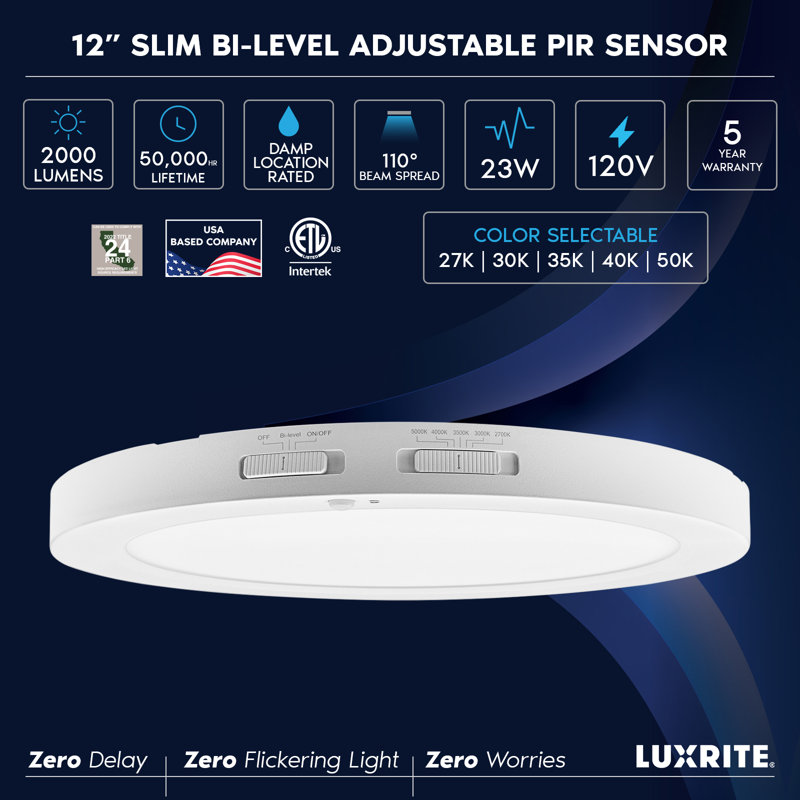  7-Inch LED Flush Mount Ceiling Light with Bi-Level Adjustable PIR Motion Sensor, 13W, 1100LM, 5CCT, Dimmable, CRI90, Title 24, ETL 6 Pack