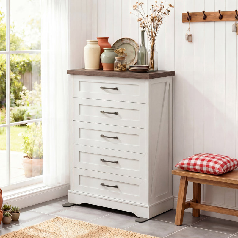 RosaRio 46" H Farmhouse 5 Drawer Dresser,Tall Chest of Drawer with Arched Base for Bedroom, Brown/White
