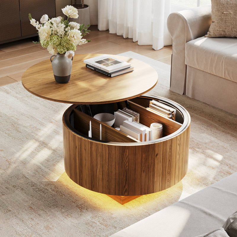 Table basse à plateau relevable 31,5 "avec lumières à DEL RVB et rangement caché - aspect bois naturel, contrôle intelligent de l'application, assemblage facile