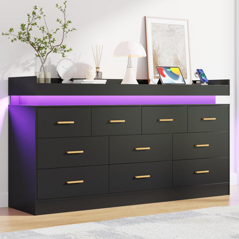 Commode 10 tiroirs l 63 po avec station de charge et lumières DEL, Noir